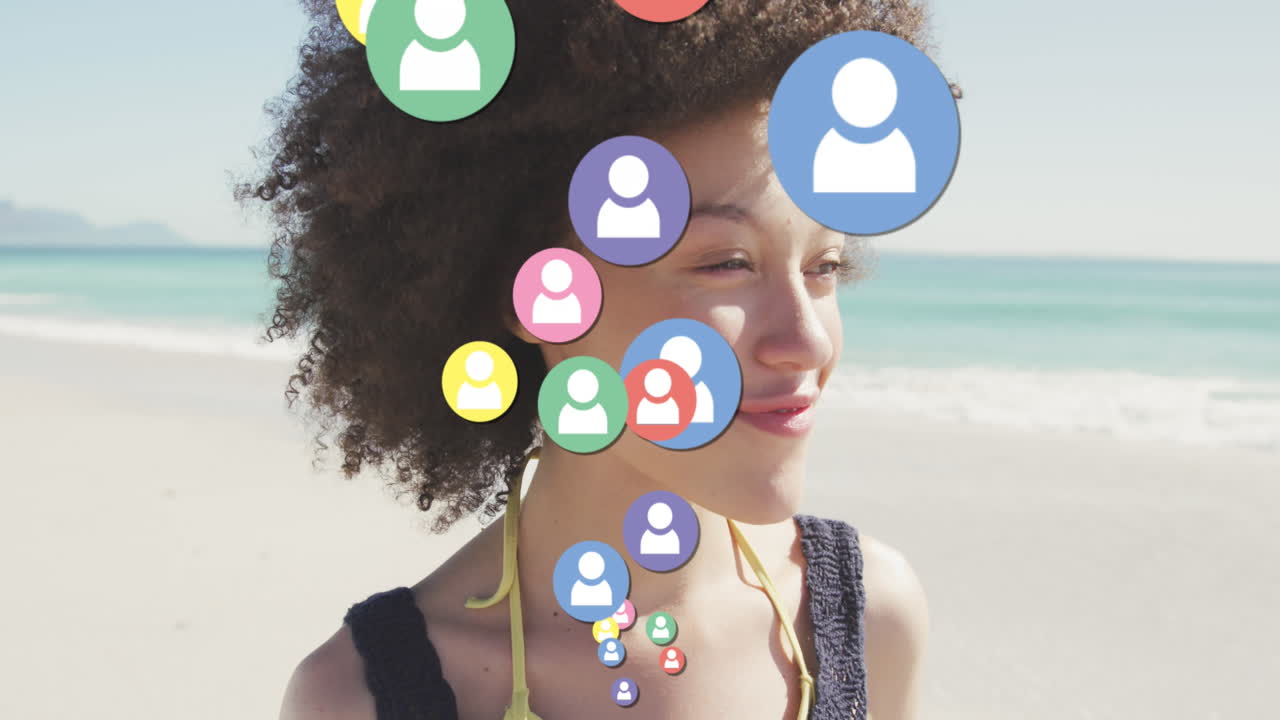 Animation of social media people icons over smiling woman on beach