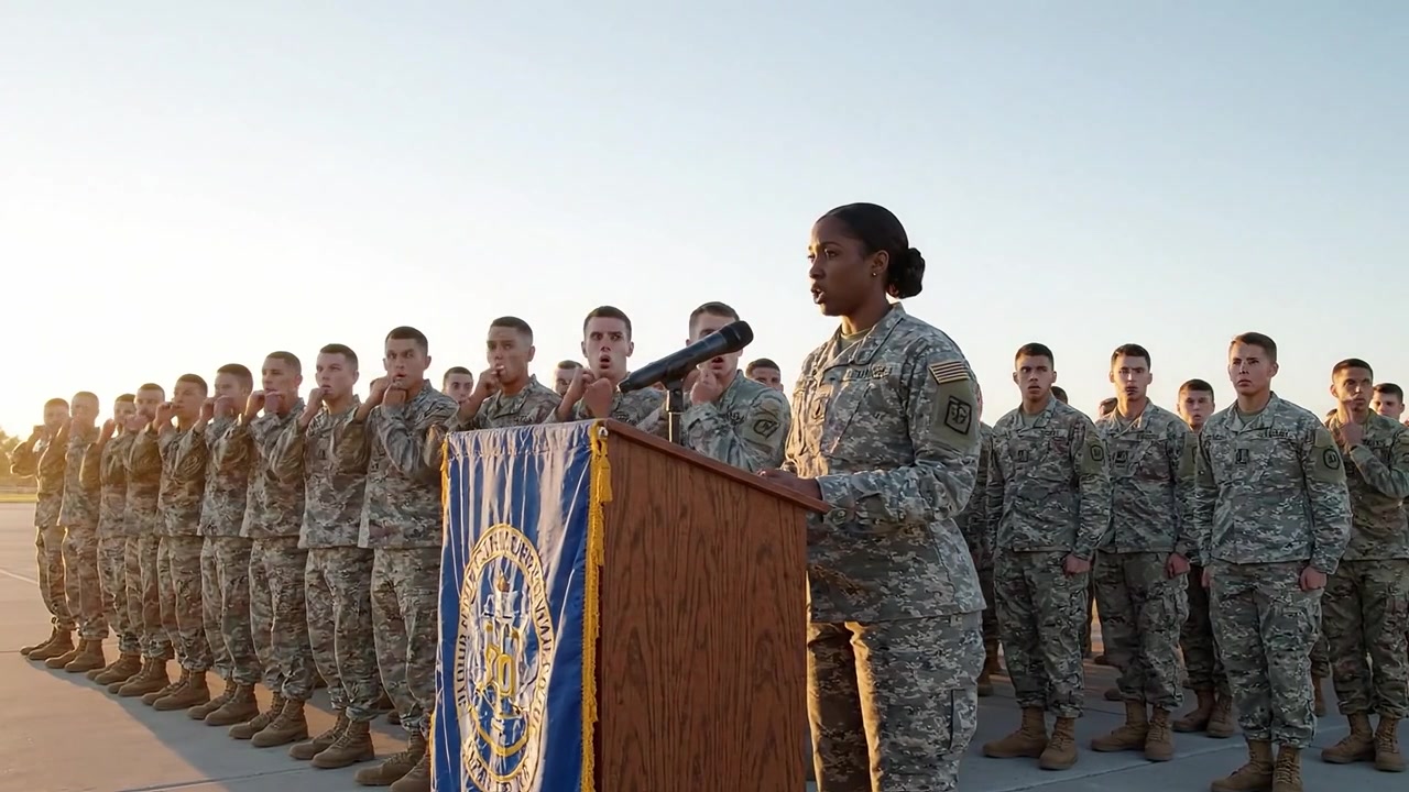 Cerimonia di formazione militare: un leader si rivolge alle truppe al tramonto, evidenziando disciplina, impegno e unità tra i membri del servizio in schieramento uniforme.