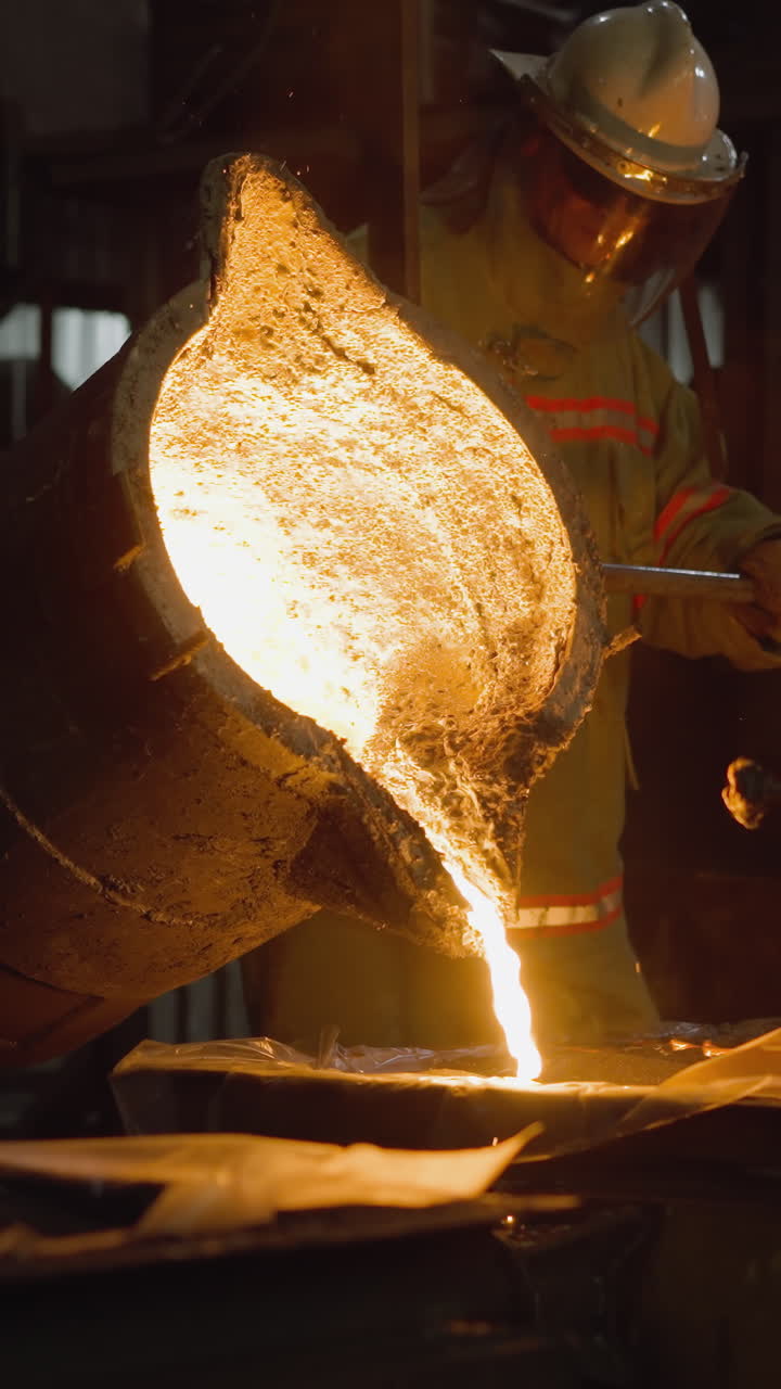 trabajadores de la fundición industrial vertiendo metal fundido de un gran cucharón