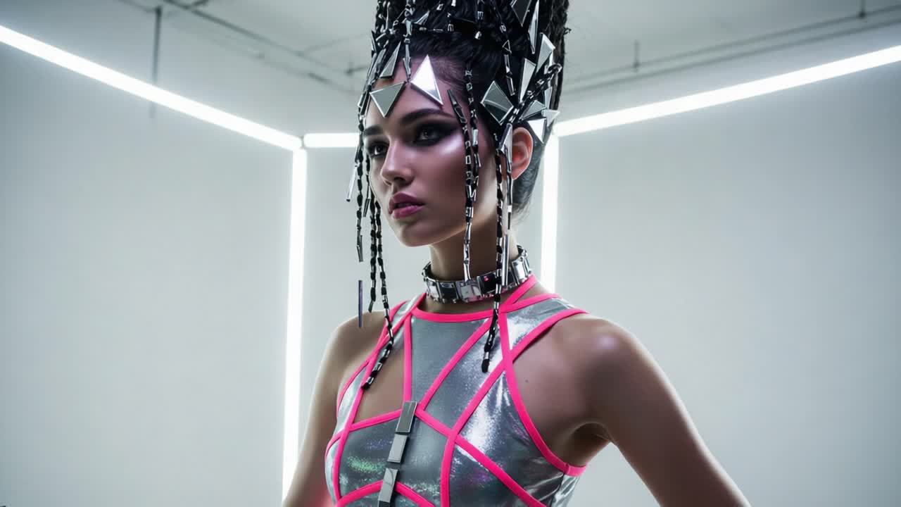Futuristic Fashion Showcase: An Innovative Model Posing in striking Metallic Attire and an Avant-Garde Hairstyle in a High-Tech Setting