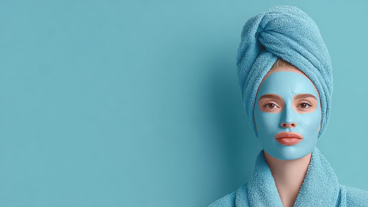 Ein gelassener Moment der Selbstfürsorge, der eine Frau mit blauer Gesichtsmaske zeigt, in ein weiches Handtuch gehüllt, und Entspannung und Schönheit vor einem beruhigenden türkisfarbenen Hintergrund präsentiert.