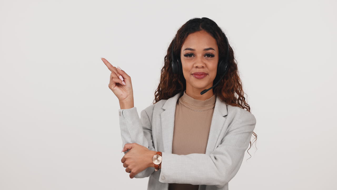 Face of woman, smile and pointing to call center