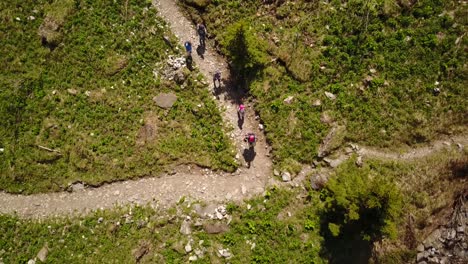 Senderismo-Familiar-En-Los-Alpes-Suizos-En-Un-Camino-De-Grava,-Vista-Superior-Por-Drone