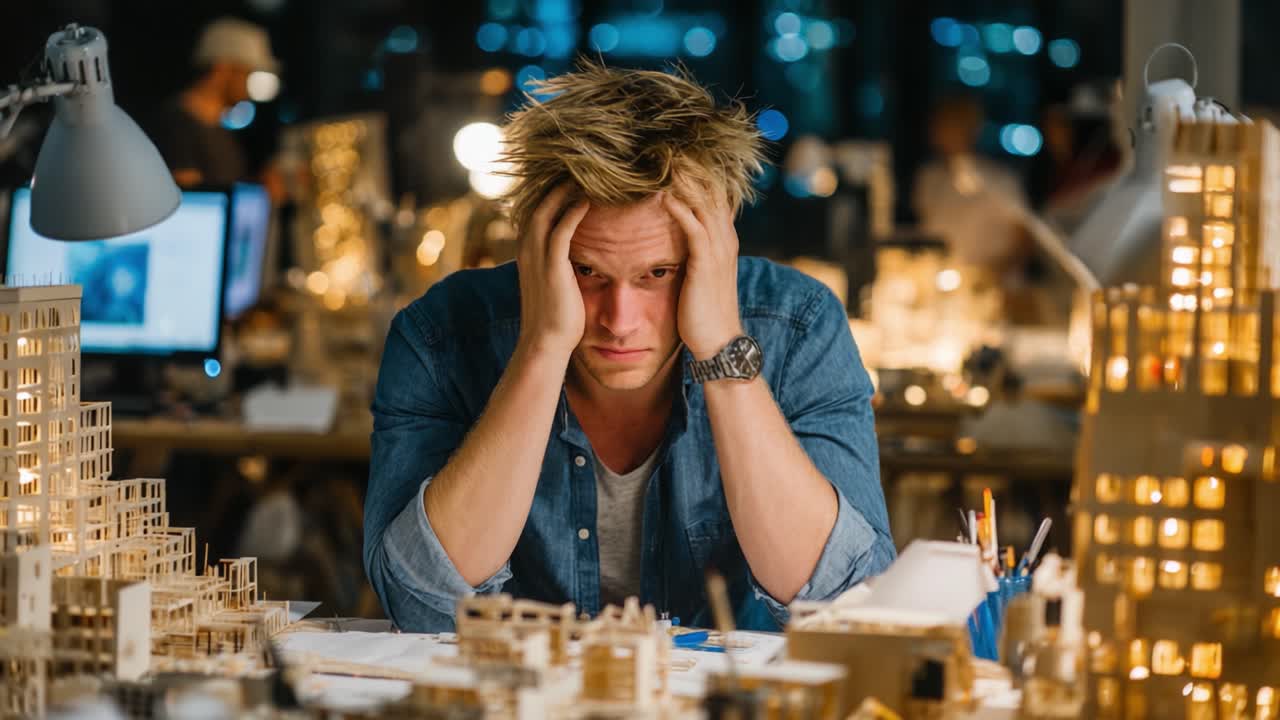 An Architect's Dilemma: The Strain of Overwhelming Workload Visible in the Emotional Struggle of a Young Designer Surrounded by Models and Designs at Night