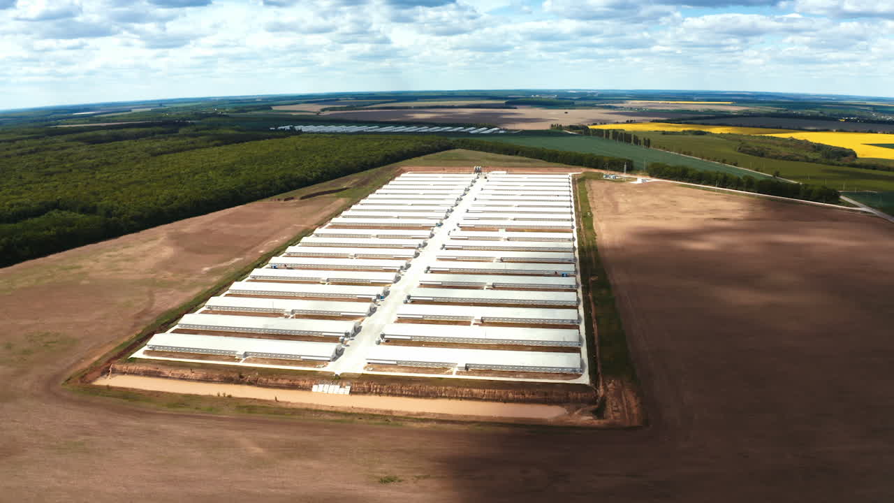 Industrial poultry farm. Aerial view of farm buildings in countryside