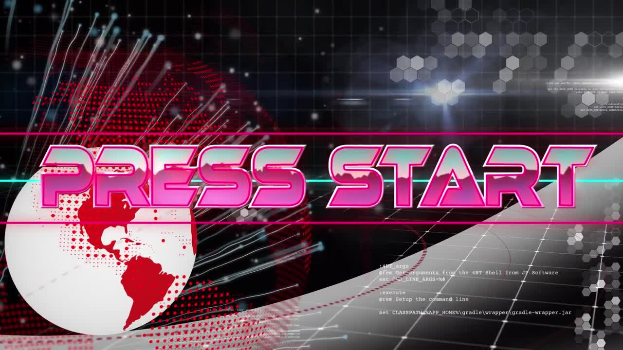 전지구, 데이터, 육각형 및 선으로 검은 공간 위에 프레스 시작의 애니메이션