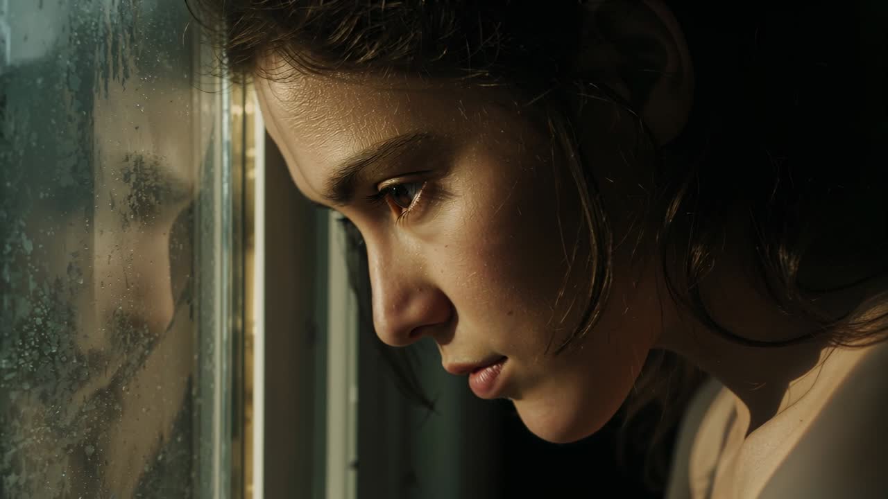 Adolescente apoyando la mejilla en una ventana mojada, inclinando la cabeza, abriendo los ojos, reflexionando sobre su salud.