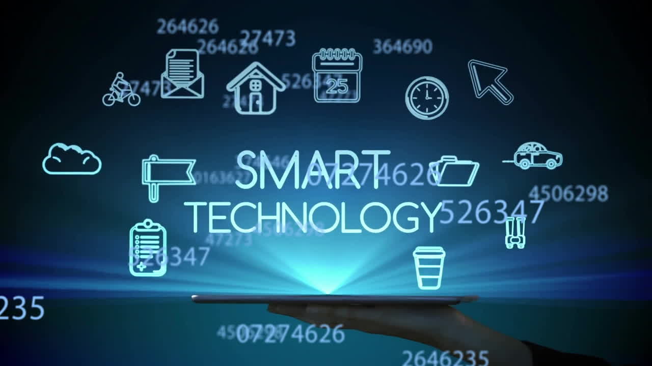 Smart technology icons animation over hand holding tablet
