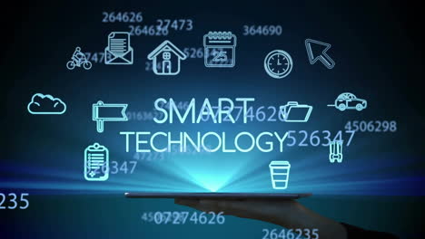 smart technology icons animation over hand holding tablet