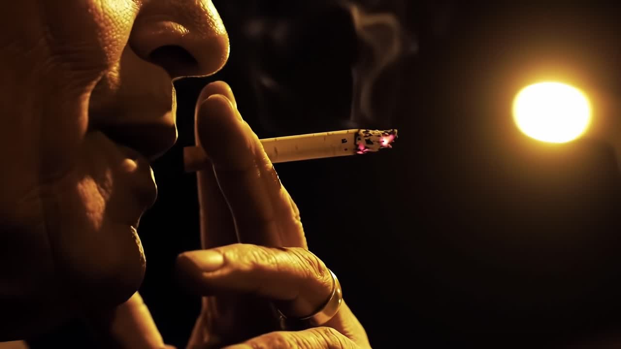 Person Enjoying a Cigarette at Night Near a Streetlamp