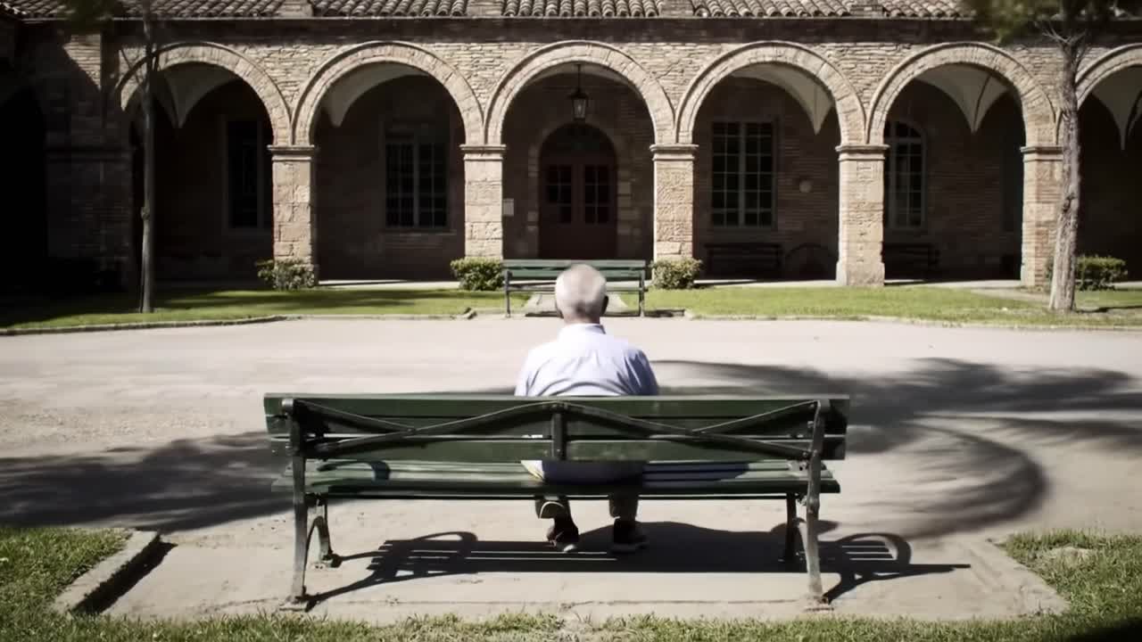 An elderly man enjoys a peaceful moment on a green bench in a beautiful courtyard. The sunlight filters through the archways, creating a serene atmosphere for reflection.