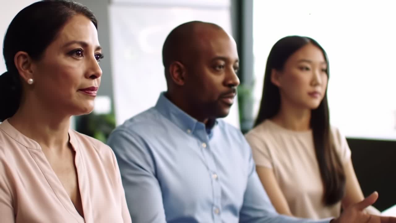 Un groupe de professionnels engagés dans une discussion sérieuse, mettant en évidence leurs expressions et leur langage corporel dans un environnement de bureau moderne