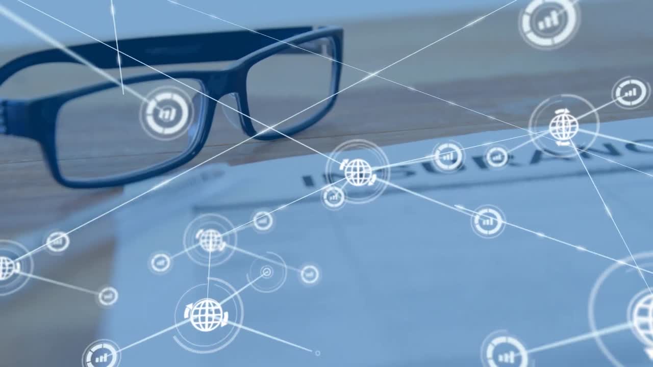 animación de la red de conexiones sobre vidrios en el escritorio