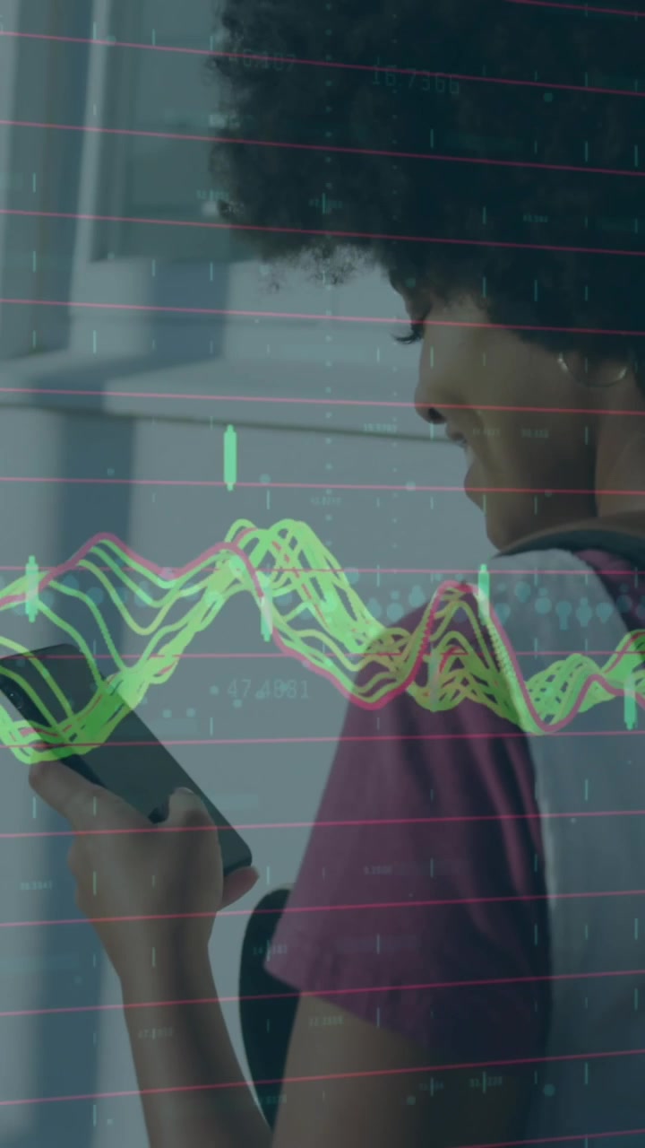 Animation of data processing over happy african american woman using smartphone on the street