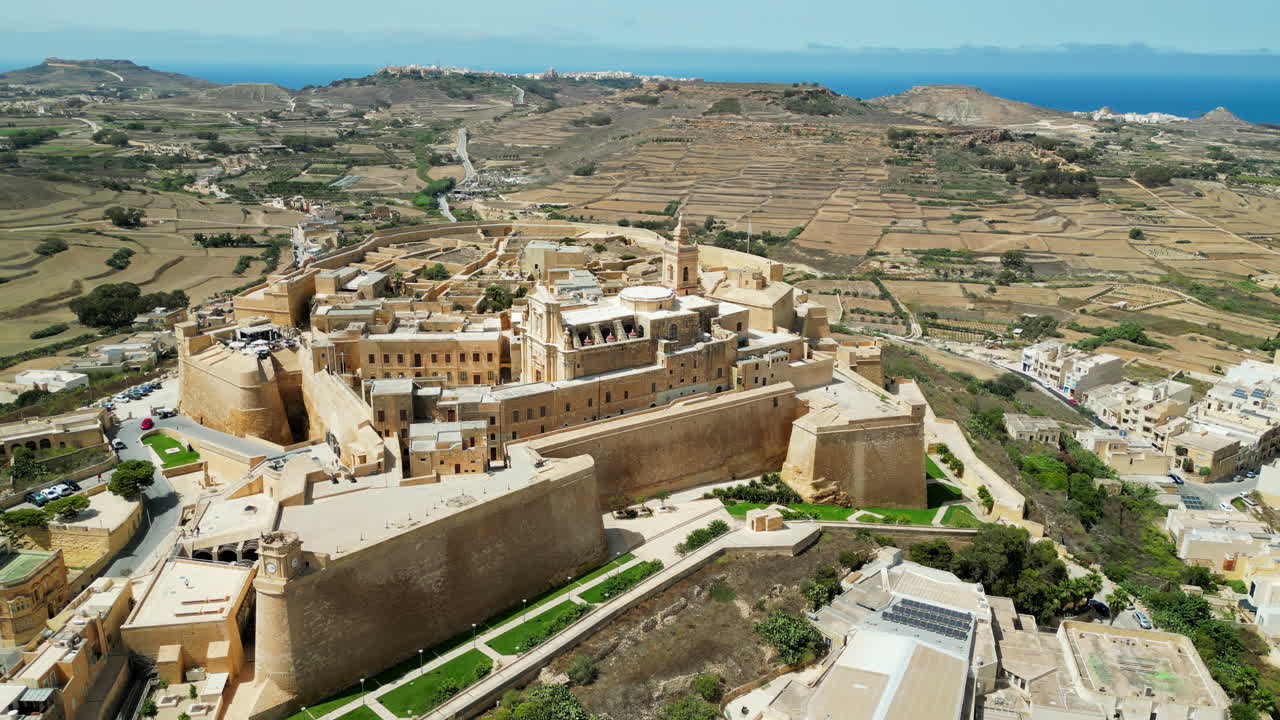 Aerial drone view of the Gozo island in Malta, in the Mediterranean Sea