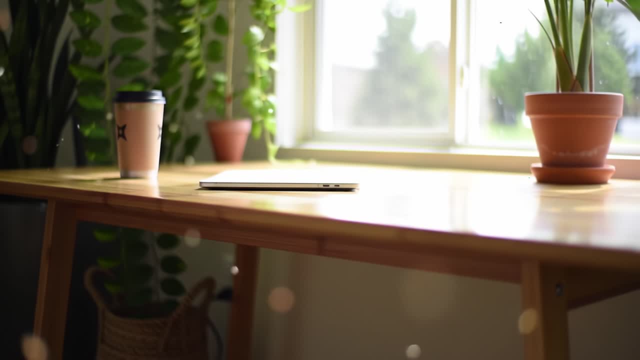 A Serene Workspace: A Sunlit Table Centered with a Coffee Cup and a Laptop Surrounded by Lush Plants Creating a Calming Atmosphere
