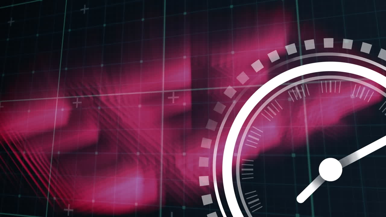 검은색 배경에 분홍색 빛 트레일에 대항하여 그리드 네트워크를 통해 틱하는 시계 아이콘의 애니메이션