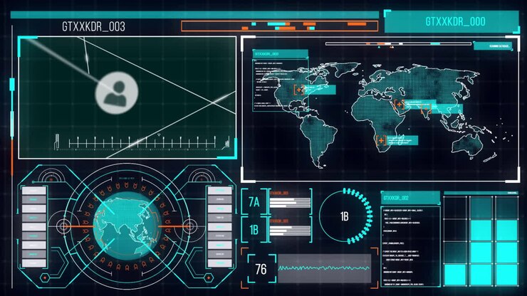 Animation of data processing and globe over world map and diagrams