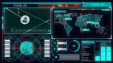 animación del procesamiento de datos y mapa y diagramas del mundo