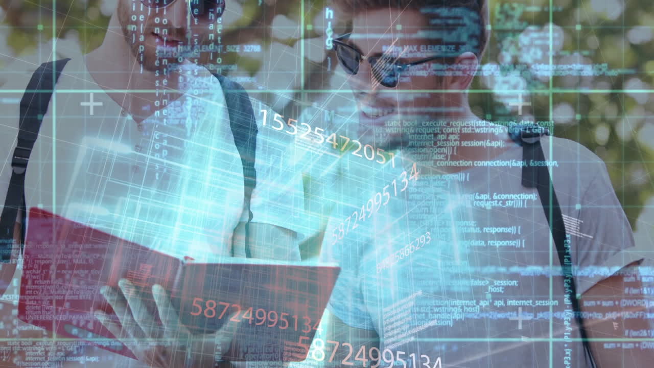Young men reading book with digital data and numbers overlay animation