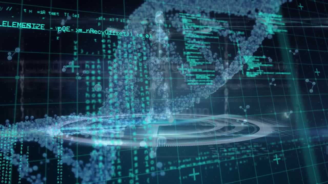 검은색 배경에 있는 dna 줄의 애니메이션과 데이터 처리