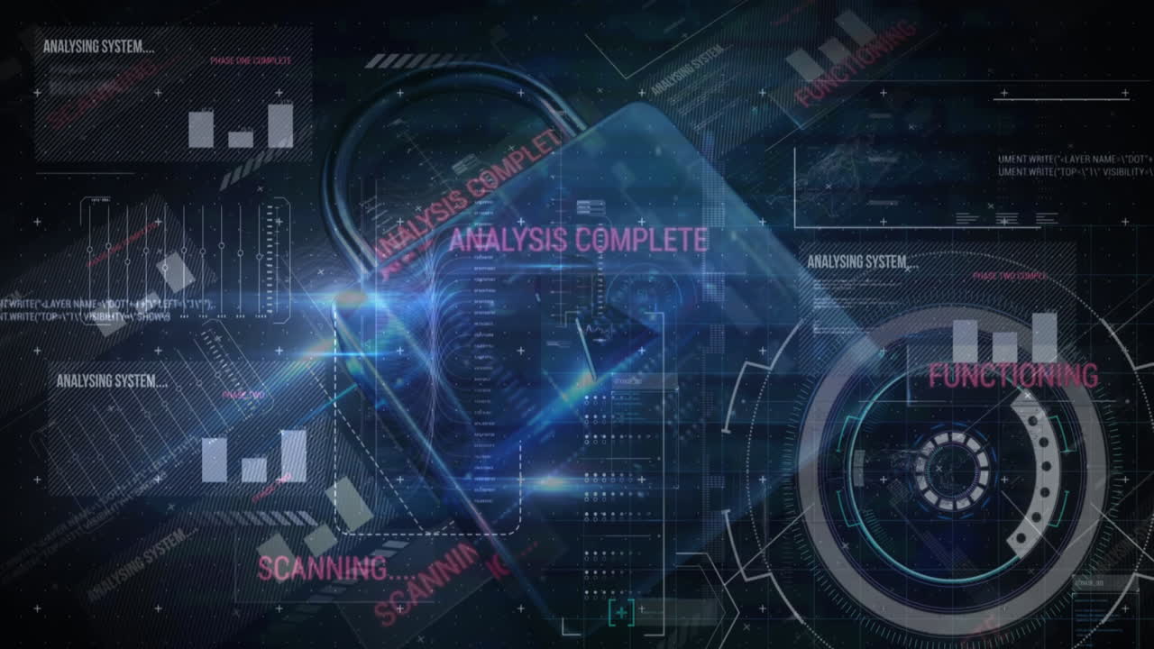 Animation of security padlock and data processing over navy background