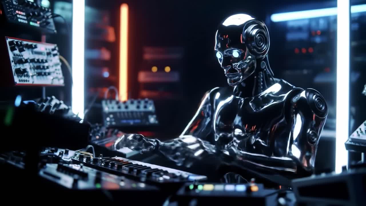 A humanoid robot is actively composing music using a synthesizer in a vibrant studio filled with electronic equipment. The futuristic setting enhances the creative atmosphere.