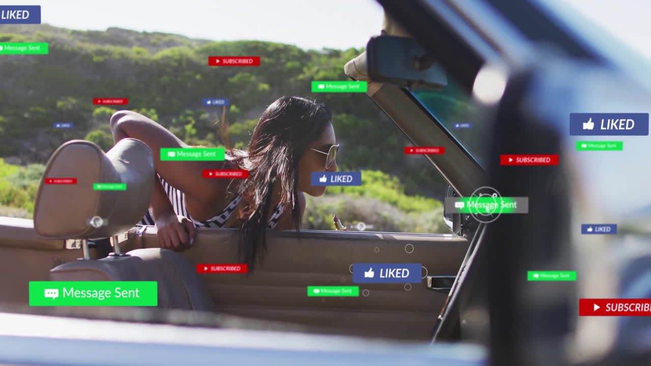 Animation of social media notifications overlaying woman riding in car