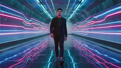 man walking in a neon lit tunnel