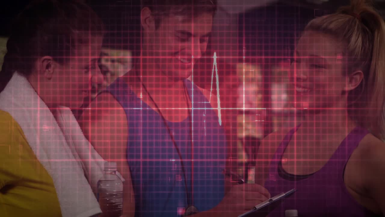 Coach writing on clipboard guiding fitness clients, ECG grid scanning, highlighting HR data