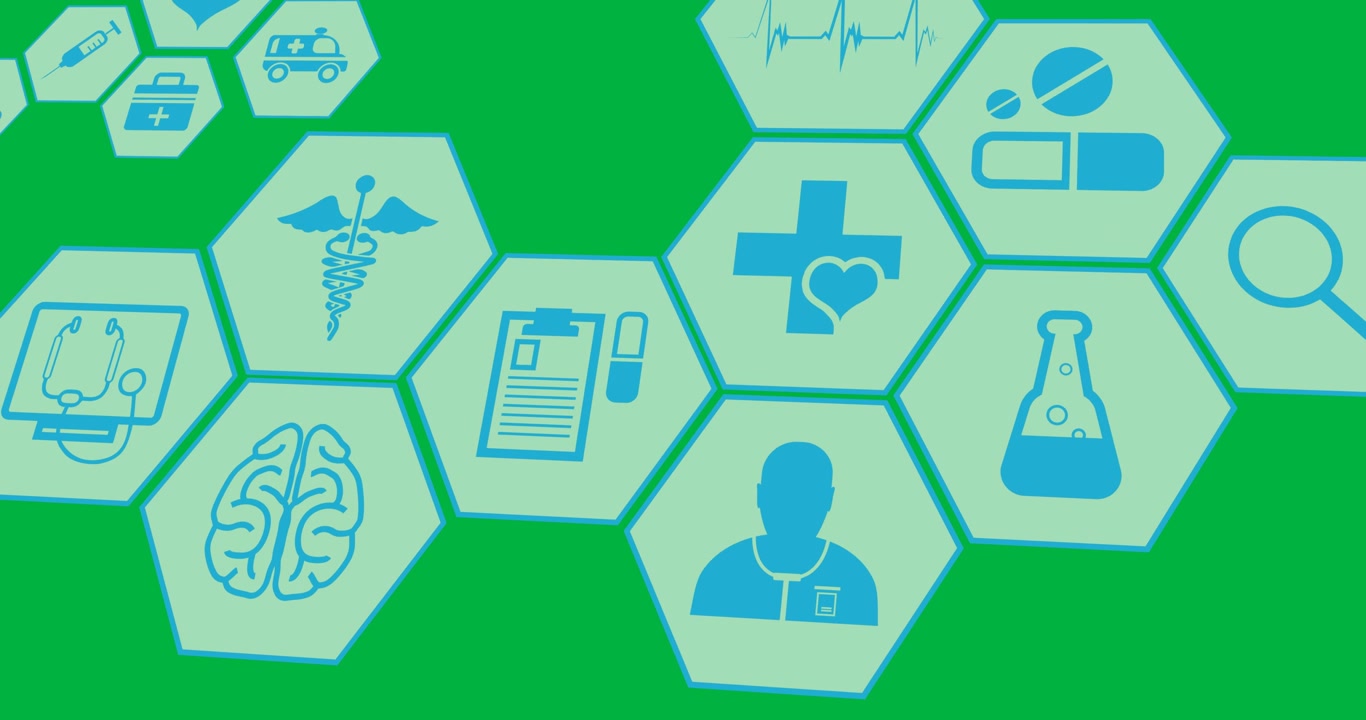 Animazione digitale di icone mediche blu multiple su forme esagonali su sfondo nero