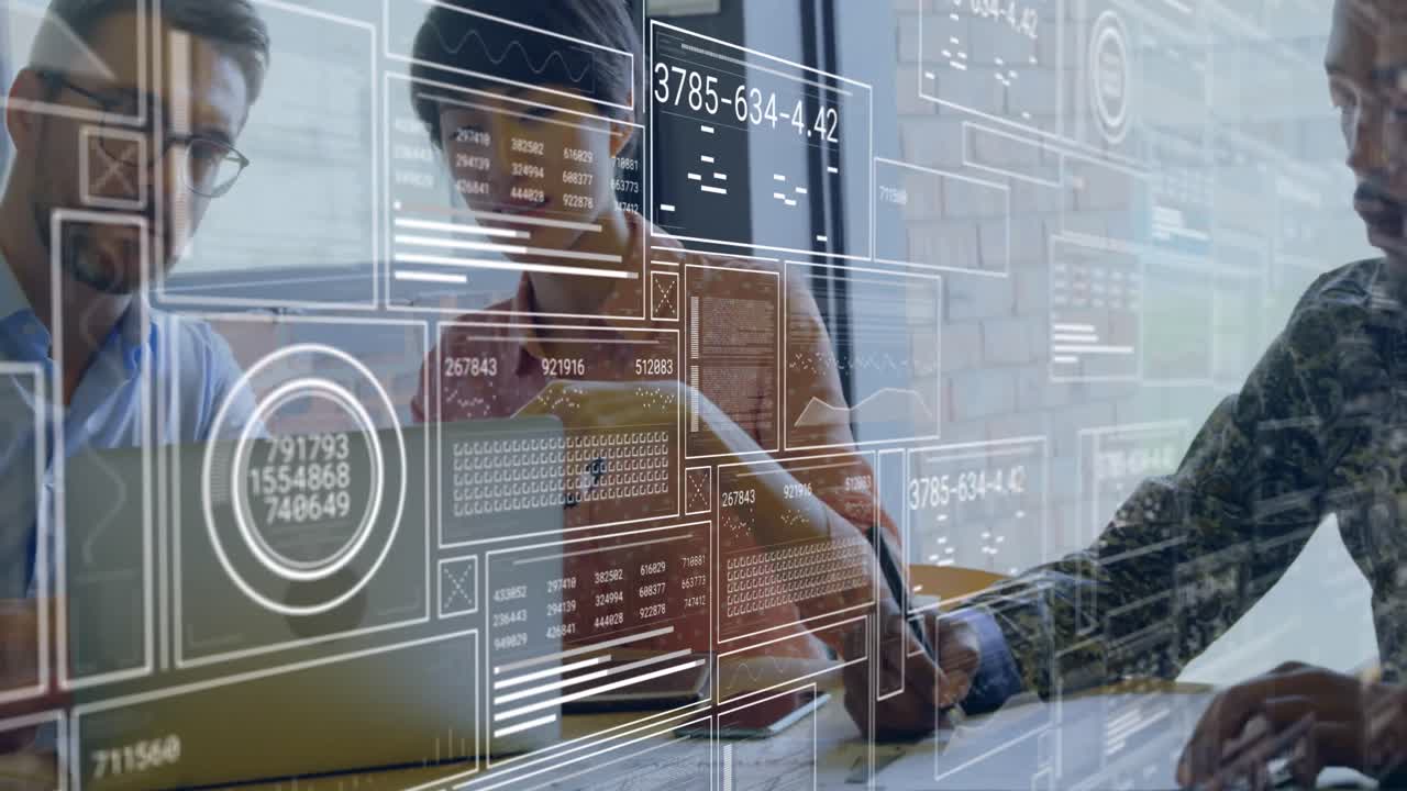 animación de barras de carga, gráficos, números cambiantes en círculos sobre diversos compañeros de trabajo compartiendo ideas.