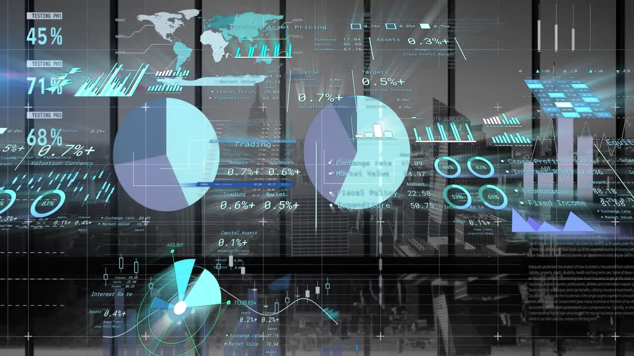 animación del procesamiento de datos financieros sobre el paisaje urbano