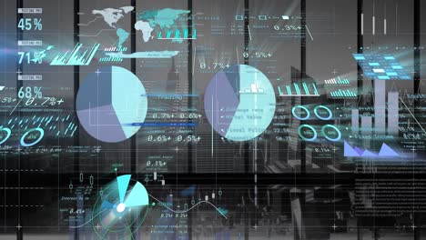 animation of financial data processing over cityscape