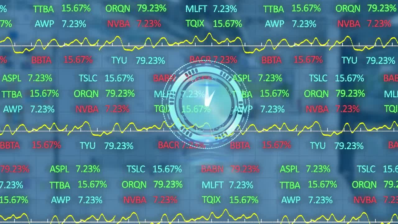Animazione di orologio in movimento ed elaborazione dati finanziari su sfondo blu