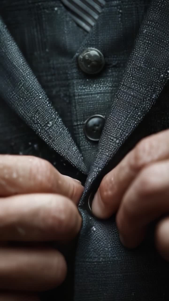 Close-up Tangan Mengancingkan Jaket Jas Bergaya, Menampilkan Detail Kain dan Penjahitan dalam Latar Mode yang Berkelas