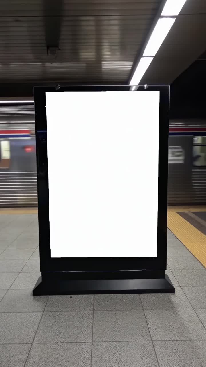 Vista frontale di un cartellone digitale bianco in una metropolitana, ideale per concetti di pubblicità video.