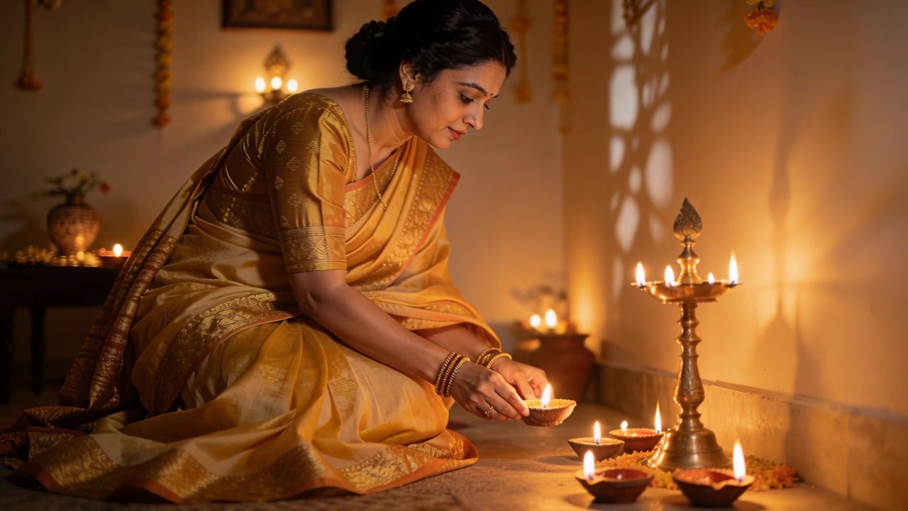 Mulher vestida de sari acendendo, usando um pavio aceso, colocando diyas ao lado de um deepam de latão em um santuário doméstico para oração.