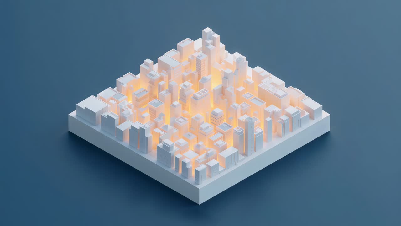 Cámara en movimiento acercando el modelo a escala blanco sobre una mesa azul para mostrar un brillo naranja