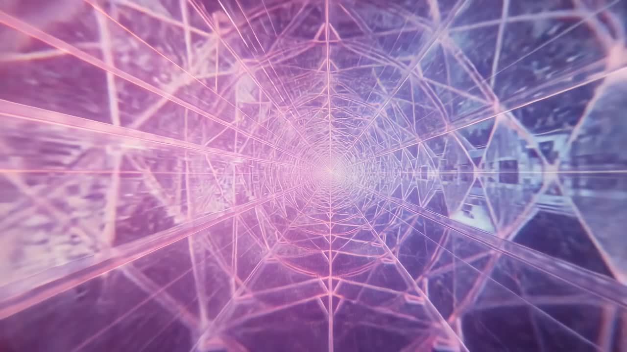 Riproduzione in corso, la telecamera si muove attraverso un tunnel wireframe evidenziando linee a griglia poligonali luminose