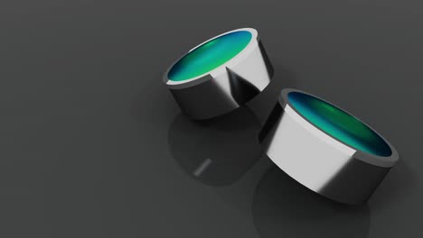 conjunto abstracto de cilindro 3d con superficie de reflejo de vidrio que gira sobre un fondo oscuro.