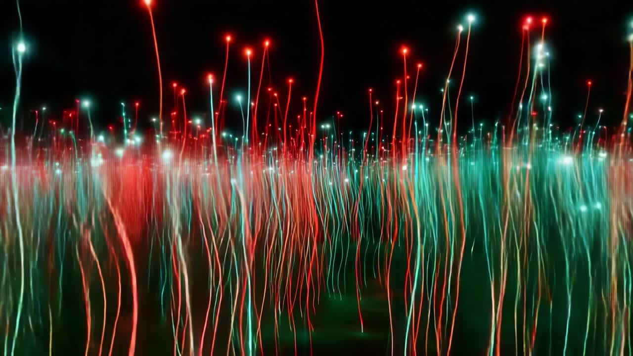 A mesmerizing display of vibrant colors and dynamic light patterns that dance across the darkness, featuring glowing strands that create an enchanting visual experience of rhythm and energy