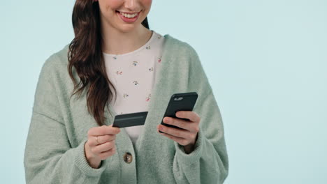 hands, phone and credit card with a woman customer