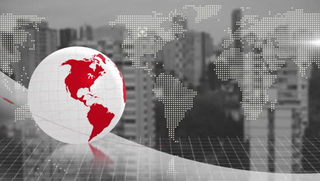 globo con líneas rojas y animación del mapa del mundo sobre el fondo del paisaje urbano