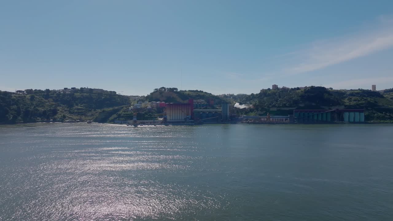 Drone shot of the river in Lisbon.