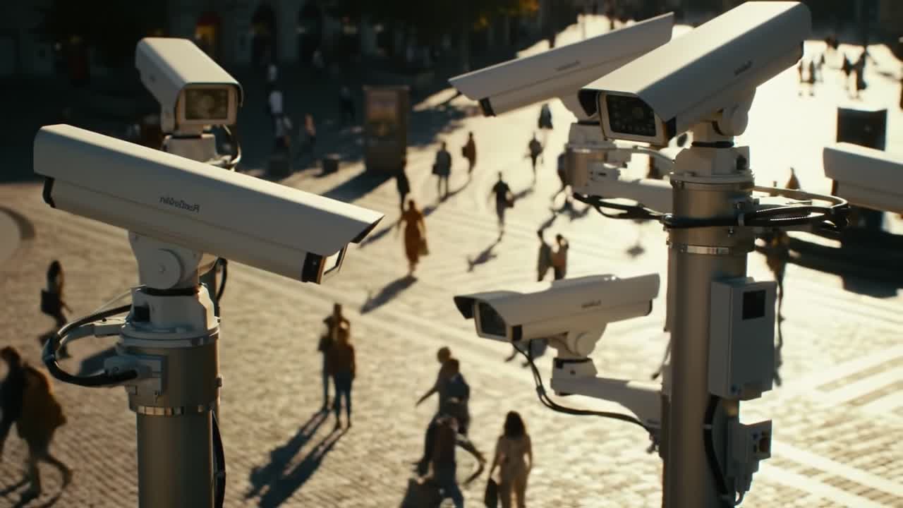 Surveillance Systems Watching Over a Busy Public Square During Golden Hour with Pedestrians Engaging in Various Activities Underneath the Cameras