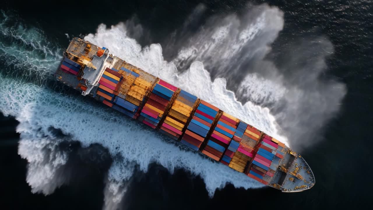 A Majestic Cargo Ship Navigating Through Open Waters, Leaving Behind a Trail of White Foam and Vibrant Containers, Symbolizing Global Trade and Maritime Engineering
