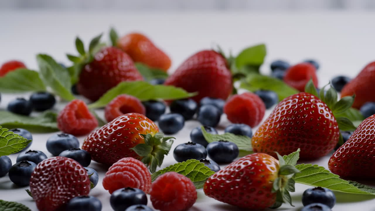 Fresh Strawberries Blueberries And Mint, Glossy Ripe Berries Scattered On White Surface With Dew Droplets,