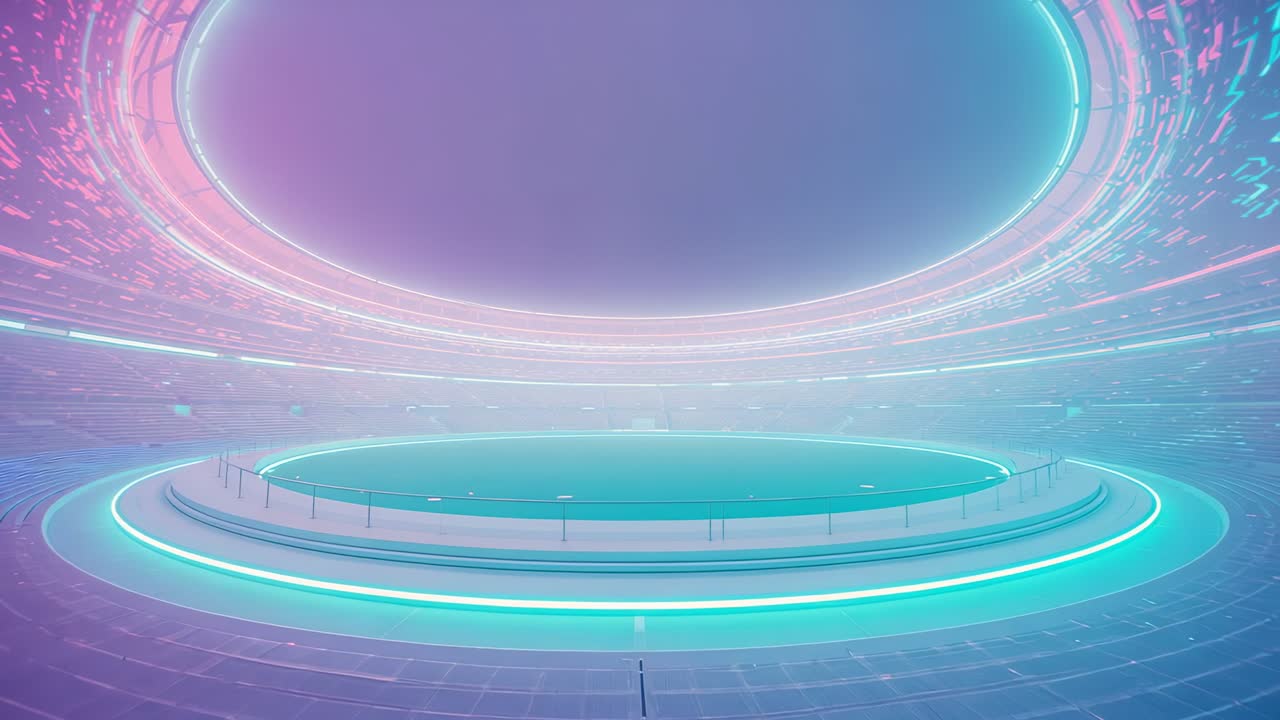 Receiving signal glowing platform pulsing neon rings in digital arena, with swirling LED streams