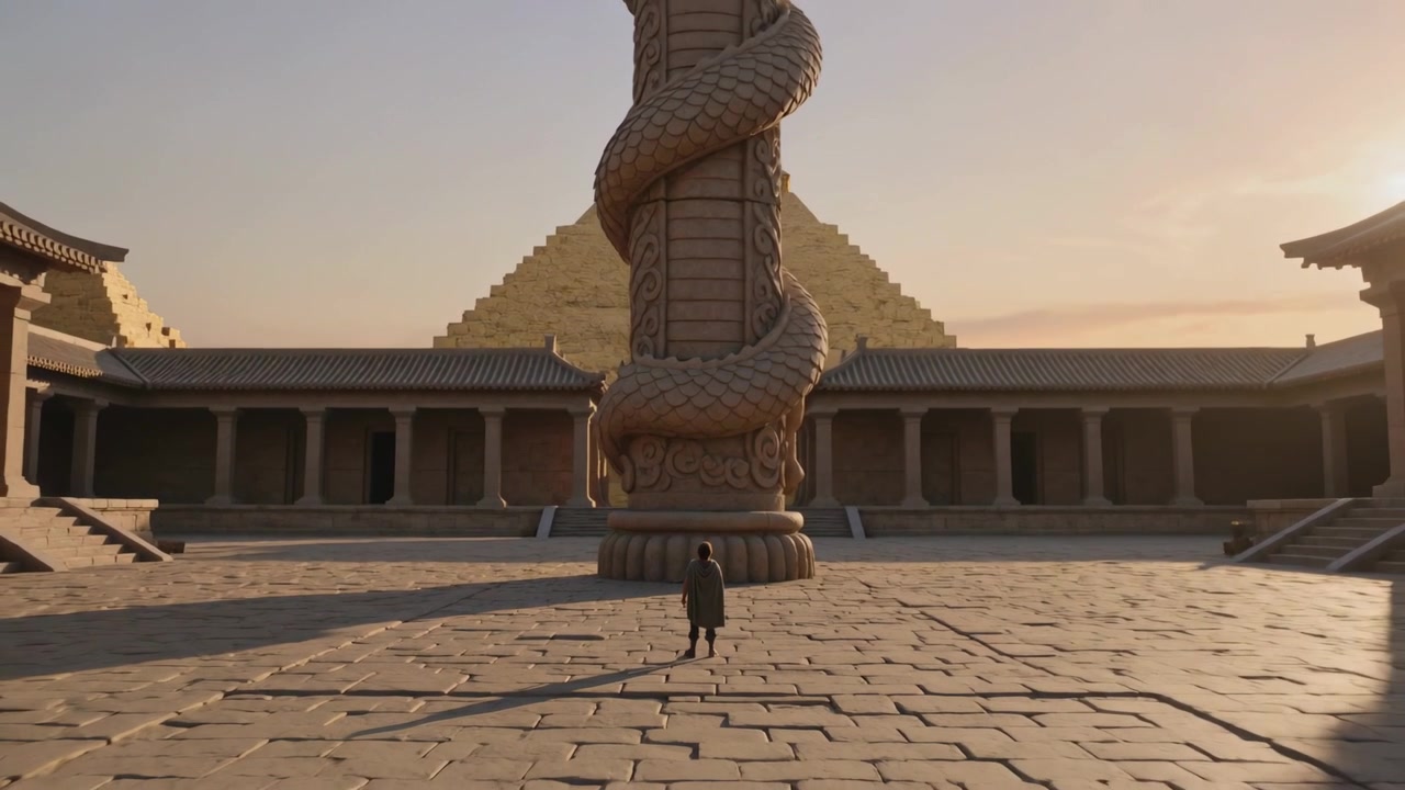 Figura solitaria in cappotto scuro che cammina dopo essersi fermata, avvicinandosi a un pilastro a forma di serpente in una piazza per raggiungerne la base.